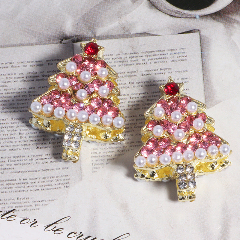 Wholesale 5pcs/pack Alloy Pearl Rhinestone Christmas Tree DIY  Straight Hole Beads